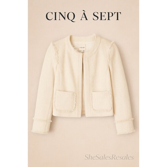 Cinq à Sept Tous Les Jours Keegan Ivory Tweed Fringe Trim Jacket Size 14 Classic - Picture 1 of 11
